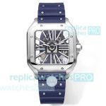 THB Factory Swiss Clone Cartier Santos Skeleton Stainless Steel Watch Blue Rubber Strap 